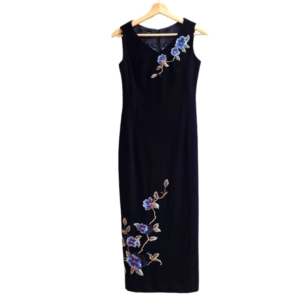 Long Black Velvet  Formal Dress with 3D Floral Embroidery, Size Small